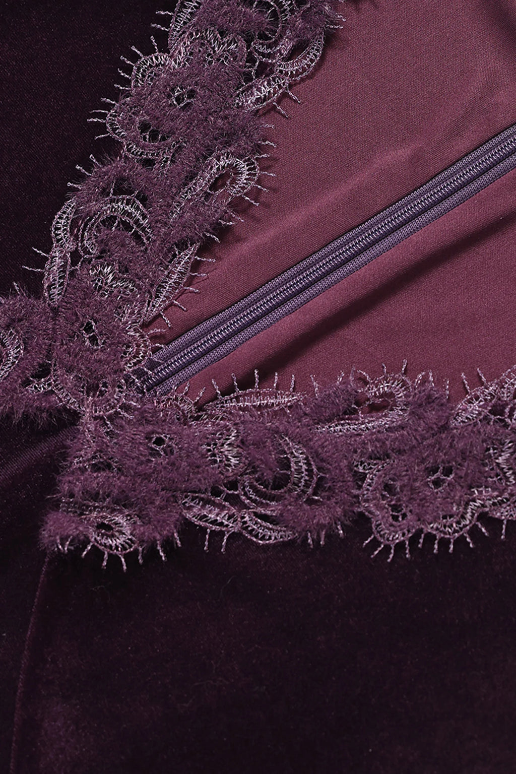 Purple Velvet Long Sleeve Lace V-Neck Maxi Dress