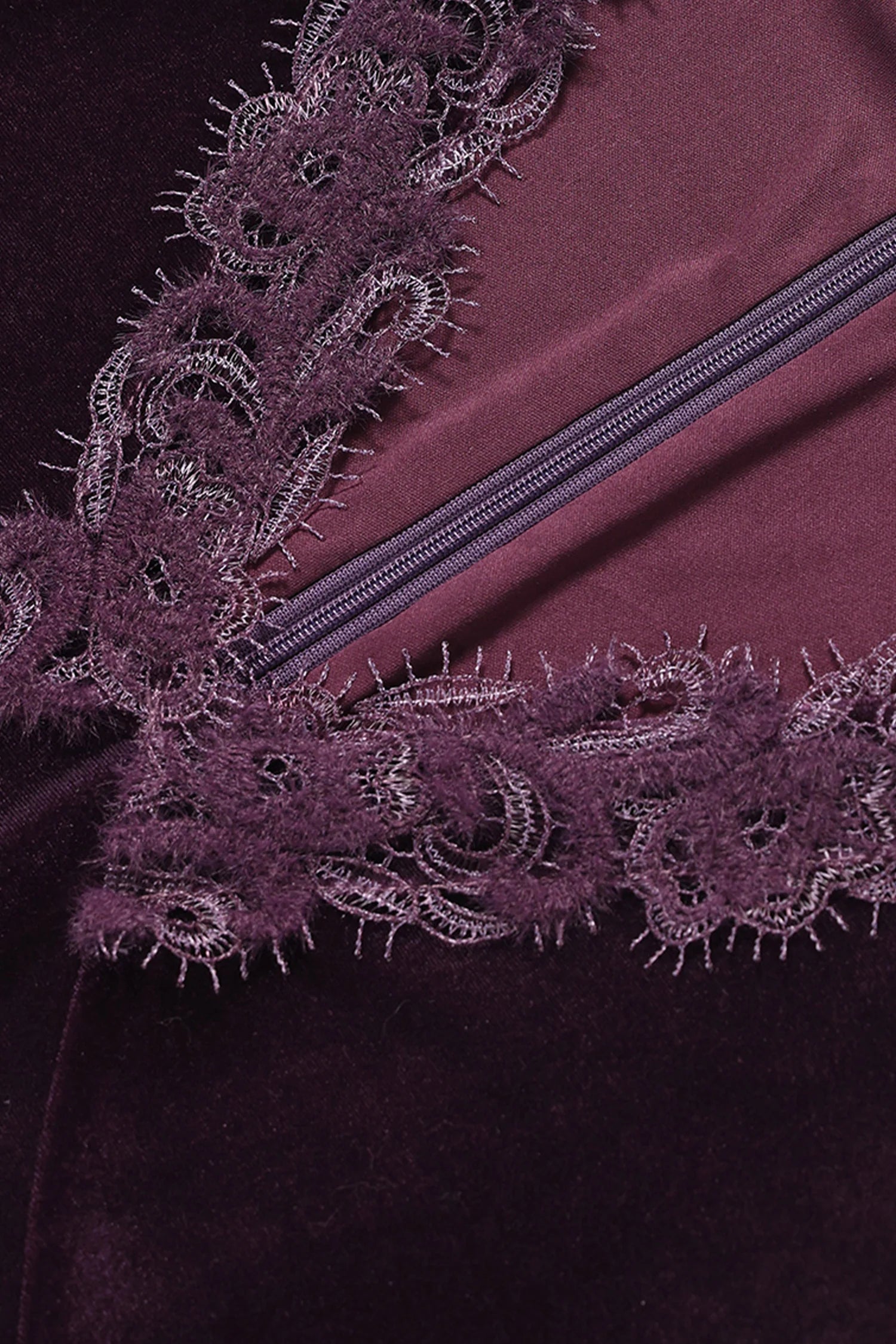 Purple Velvet Long Sleeve Lace V-Neck Maxi Dress