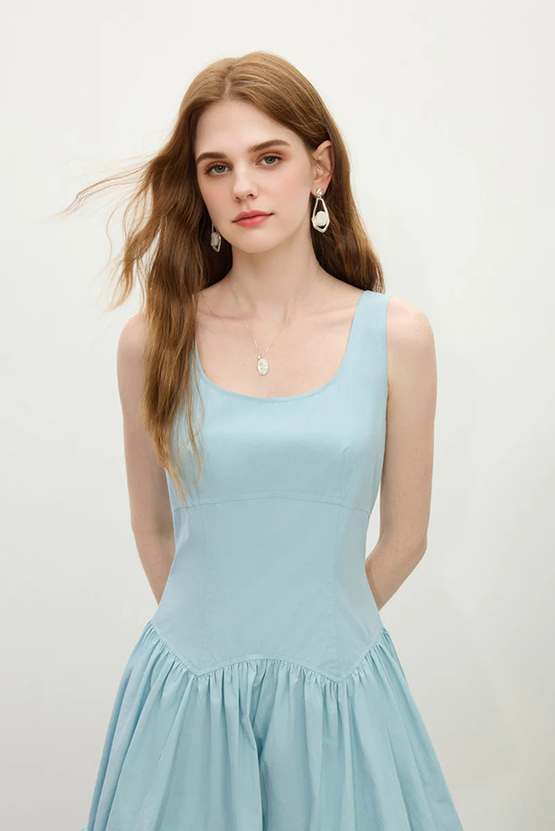 Baby Blue 100 Cotton Sleeveless Scoop-Neck Bubble Mini Dress