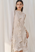 Designer Inspired Pleated Sleeveless Midi Dress in Beige