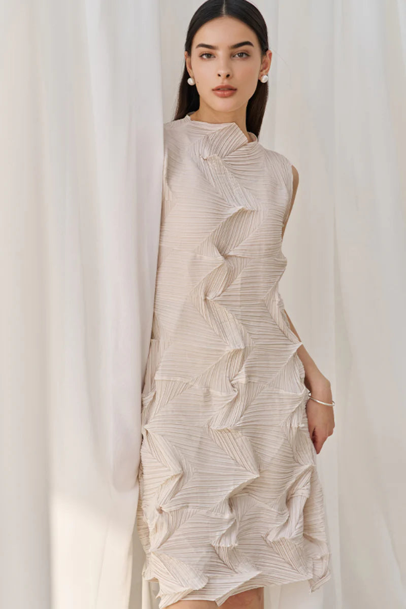 Designer Inspired Pleated Sleeveless Midi Dress in Beige