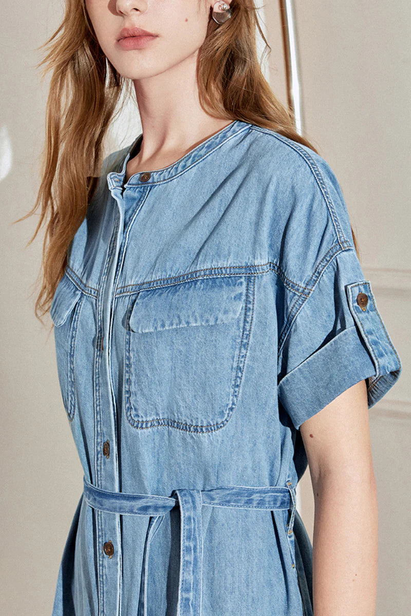 Denim Short-Sleeve Button-Up Belted Midi Shirt Dress with Back Slit