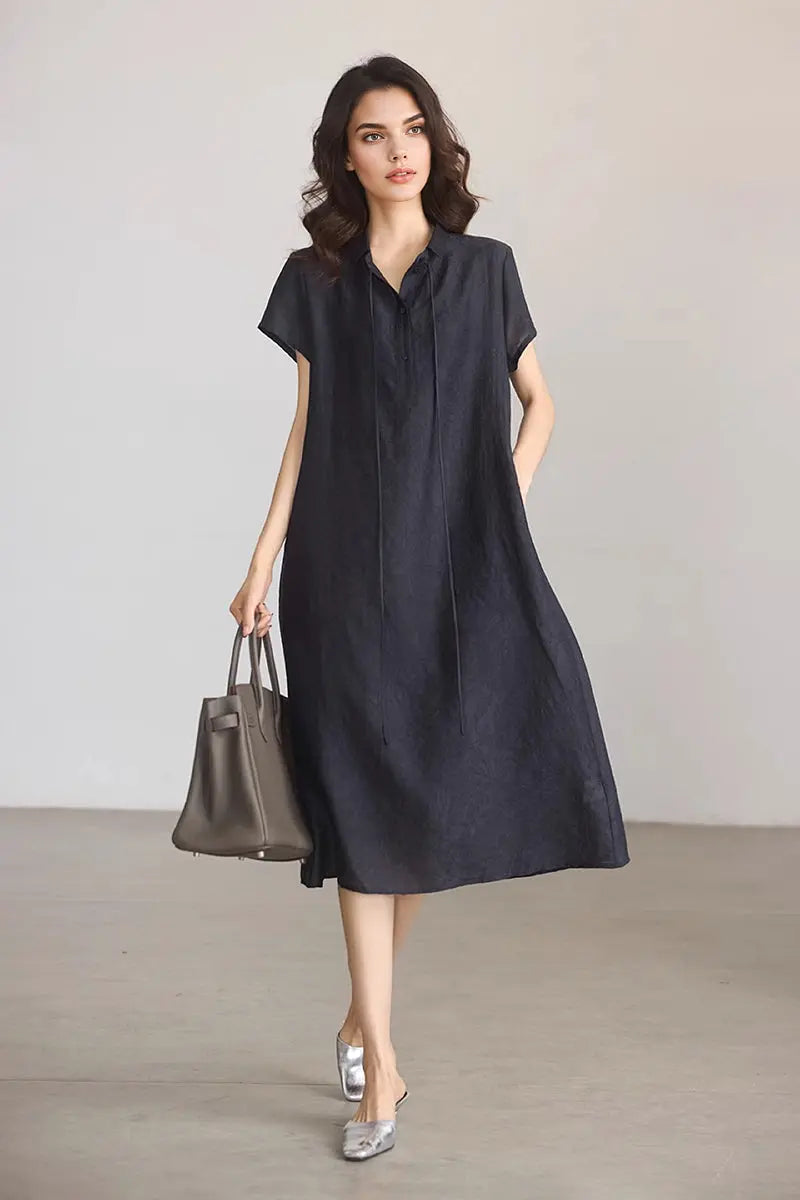 Linen-Blend Jacquard A-Line Shirt Dress in Navy Blue