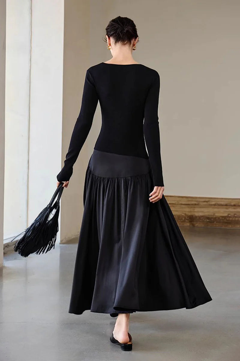 Black Fit & Flare Long-Sleeve V-Neck Maxi Dress