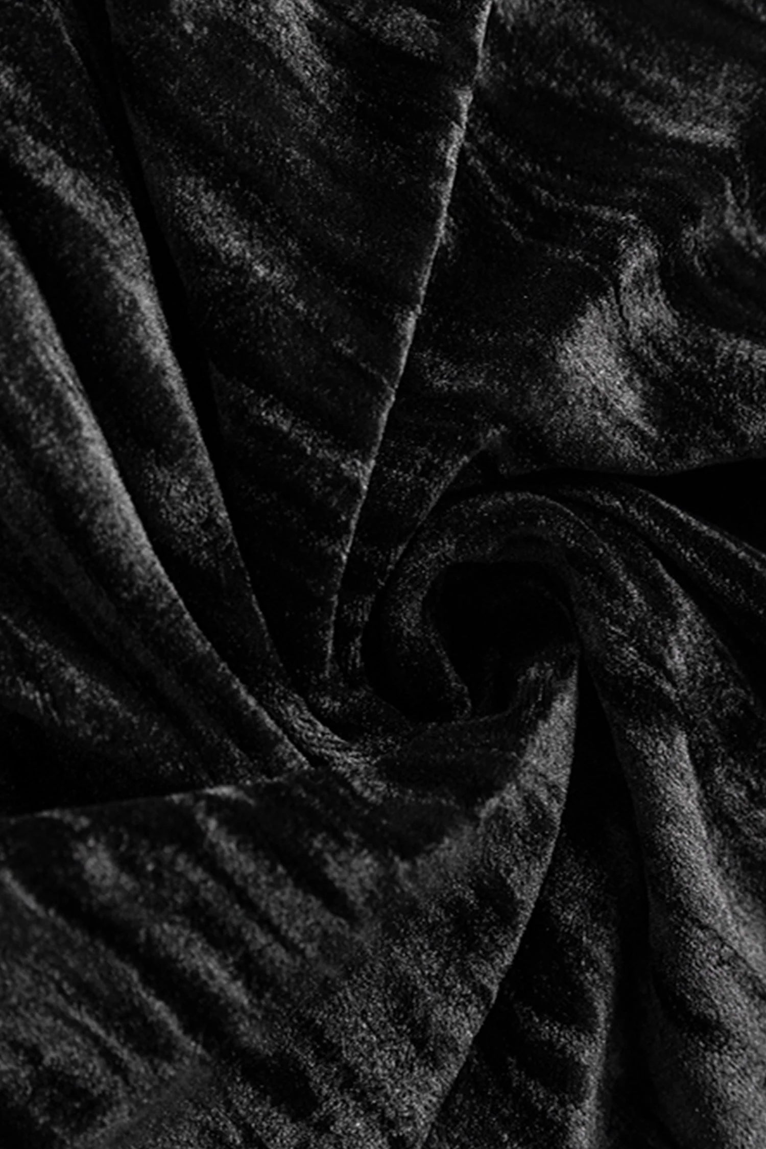 Black Velvet Textured Long Sleeve V-Neck Midi Dress