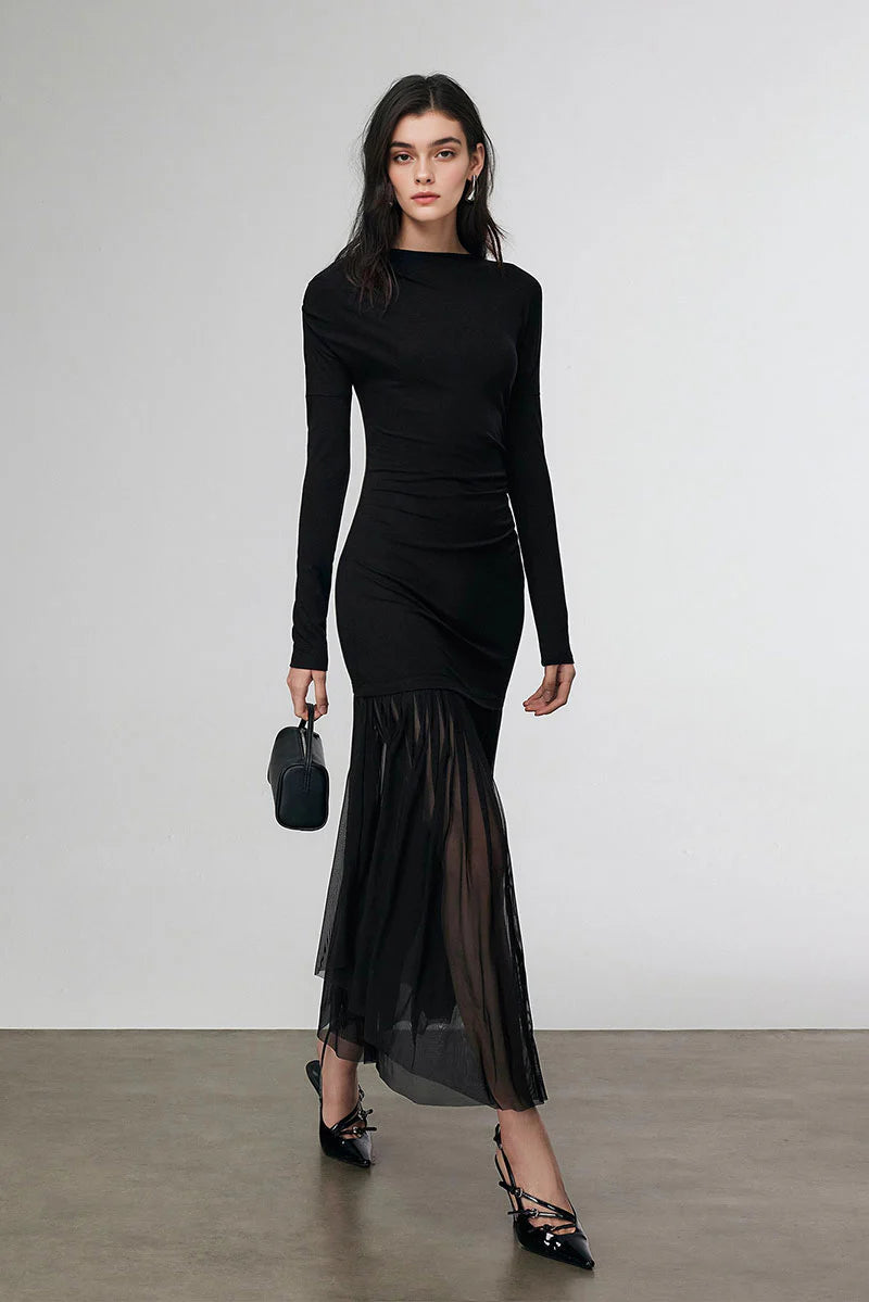 Asymmetric Draped Mesh Maxi Dress with Sleeves