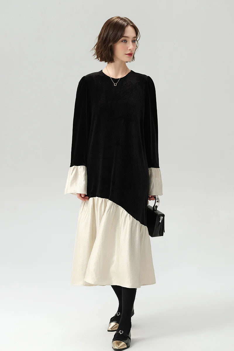 Asymmetric Patchwork Long-Sleeve Velvet Dress