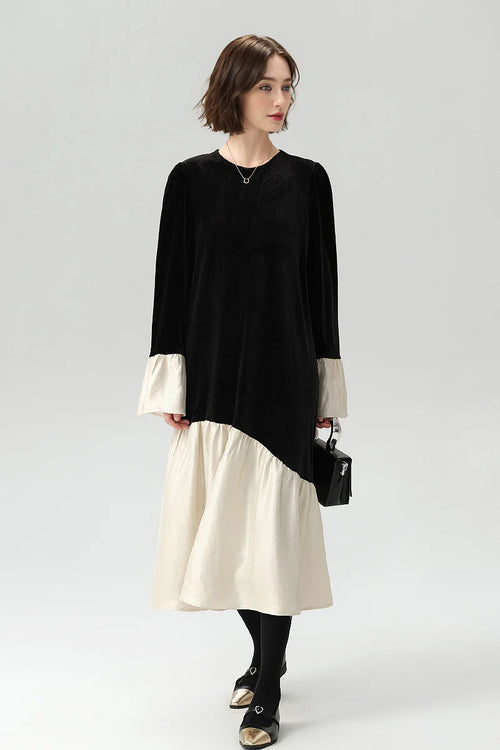Asymmetric Patchwork Long-Sleeve Velvet Dress