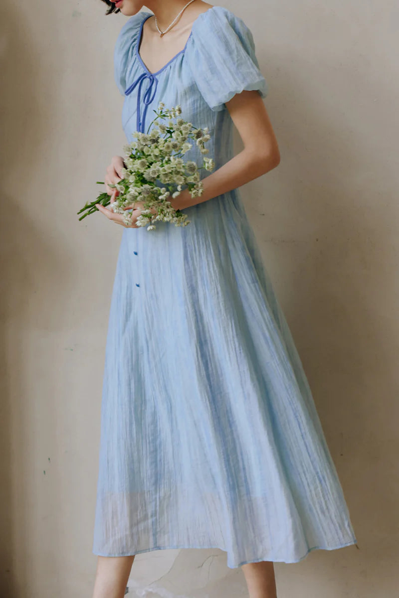 Baby Blue Lyocell V-Neck Puff-Sleeve Midi Dress