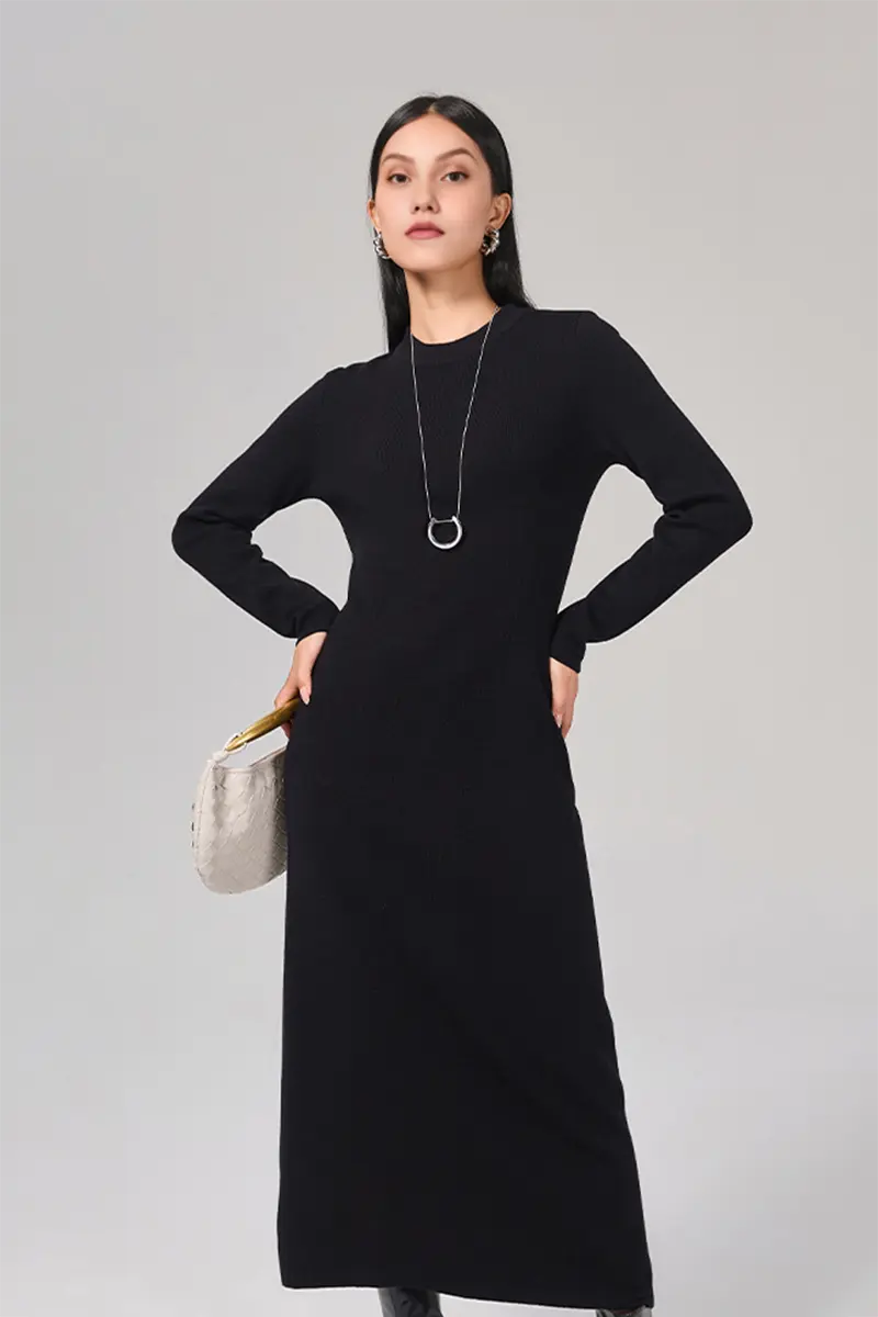 Slim Fit Long Sleeve Knit Wool Maxi Dress
