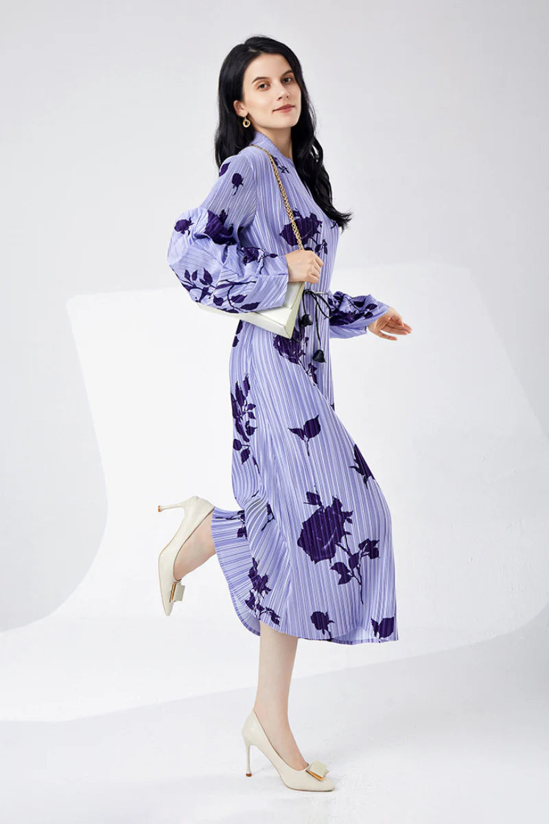 Designer Inspired Pleated Floral Long-Sleeve Midi Dress