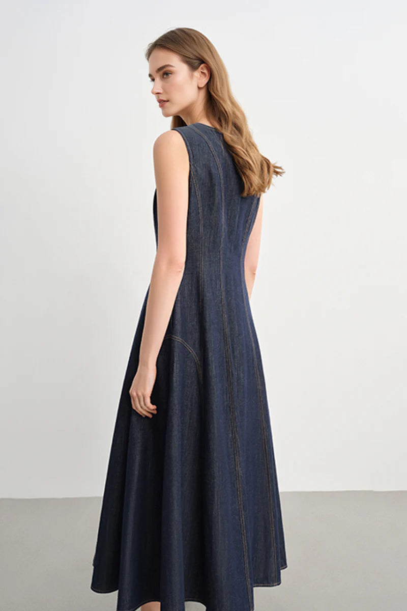 Denim Sleeveless A-Line Midi Dress