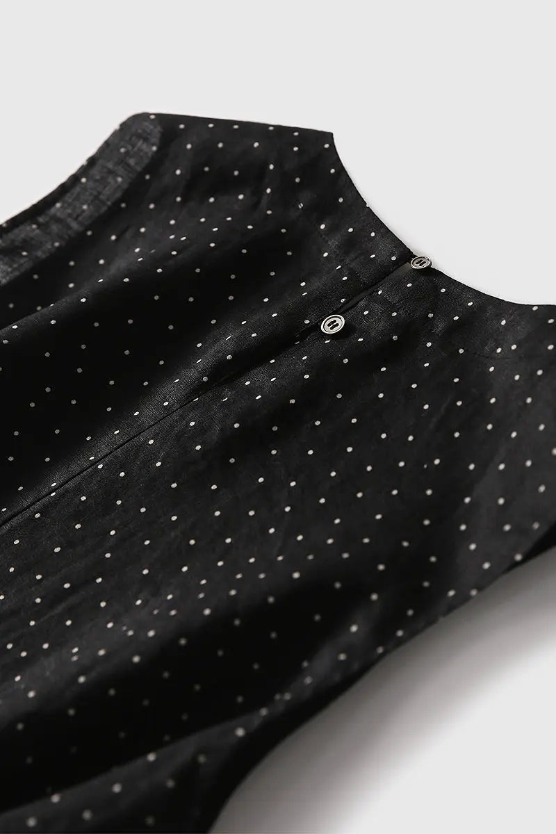 100 Linen Polka Dot Sleeveless Midi Dress with Pockets