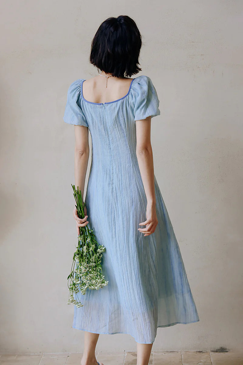 Baby Blue Lyocell V-Neck Puff-Sleeve Midi Dress