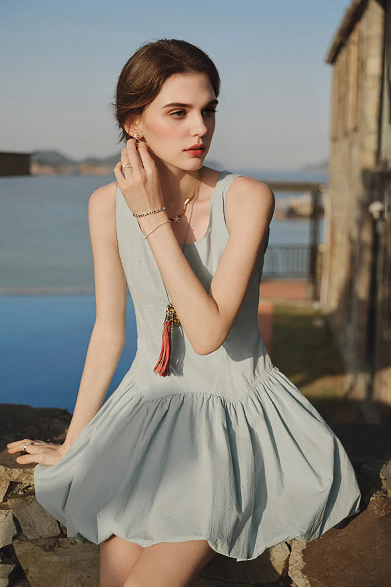 Baby Blue 100 Cotton Sleeveless Scoop-Neck Bubble Mini Dress