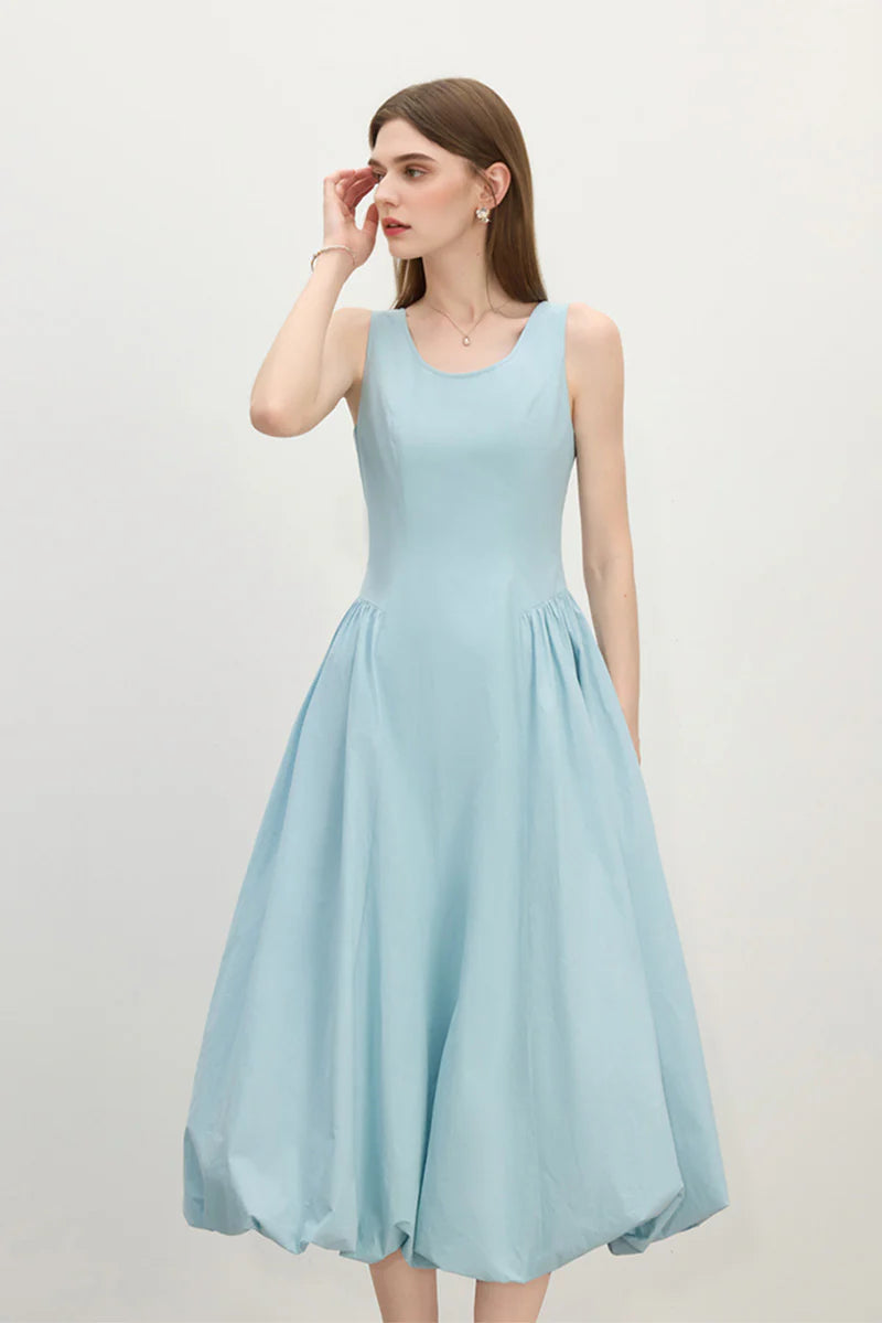 Baby Blue 100 Cotton Sleeveless Scoop-Neck Bubble Midi Dress