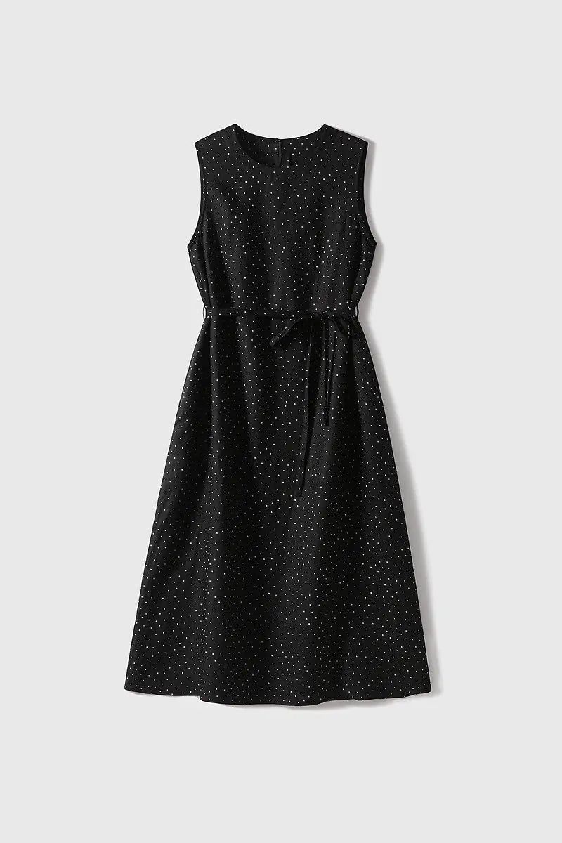 100 Linen Polka Dot Sleeveless Midi Dress with Pockets