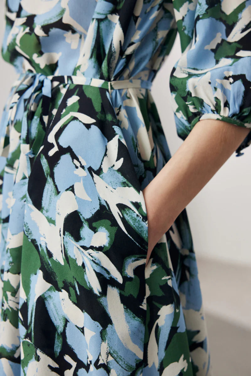 100 Mulberry Silk Floral Balloon-Sleeve Tie-Waist Midi Dress with Pockets