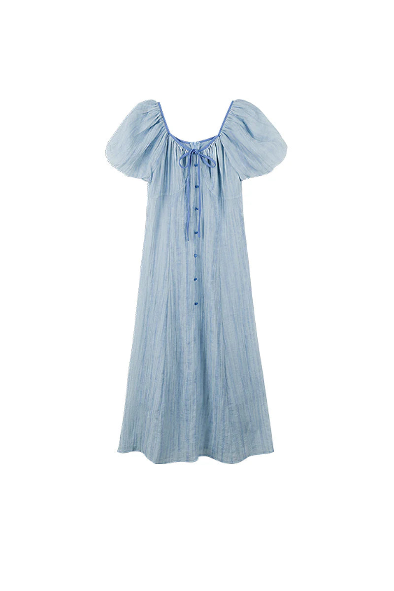 Baby Blue Lyocell V-Neck Puff-Sleeve Midi Dress