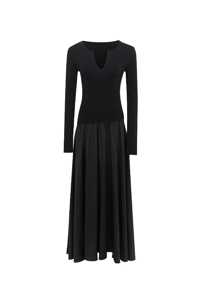 Black Fit & Flare Long-Sleeve V-Neck Maxi Dress