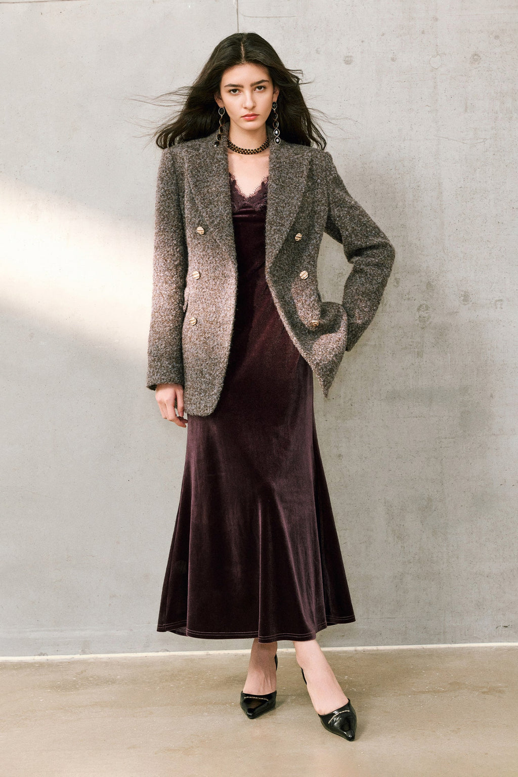 Purple Velvet Long Sleeve Lace V-Neck Maxi Dress