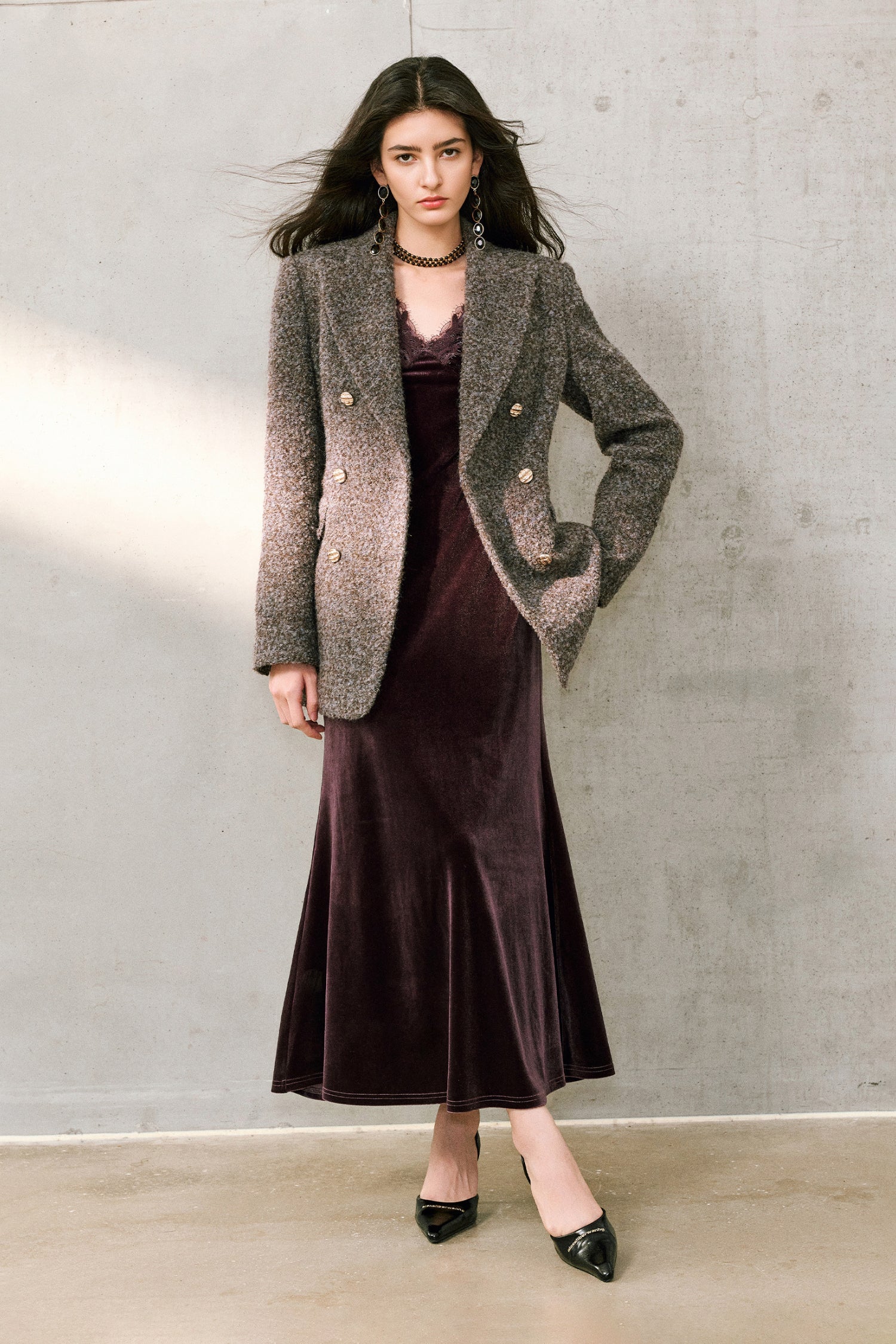 Purple Velvet Long Sleeve Lace V-Neck Maxi Dress