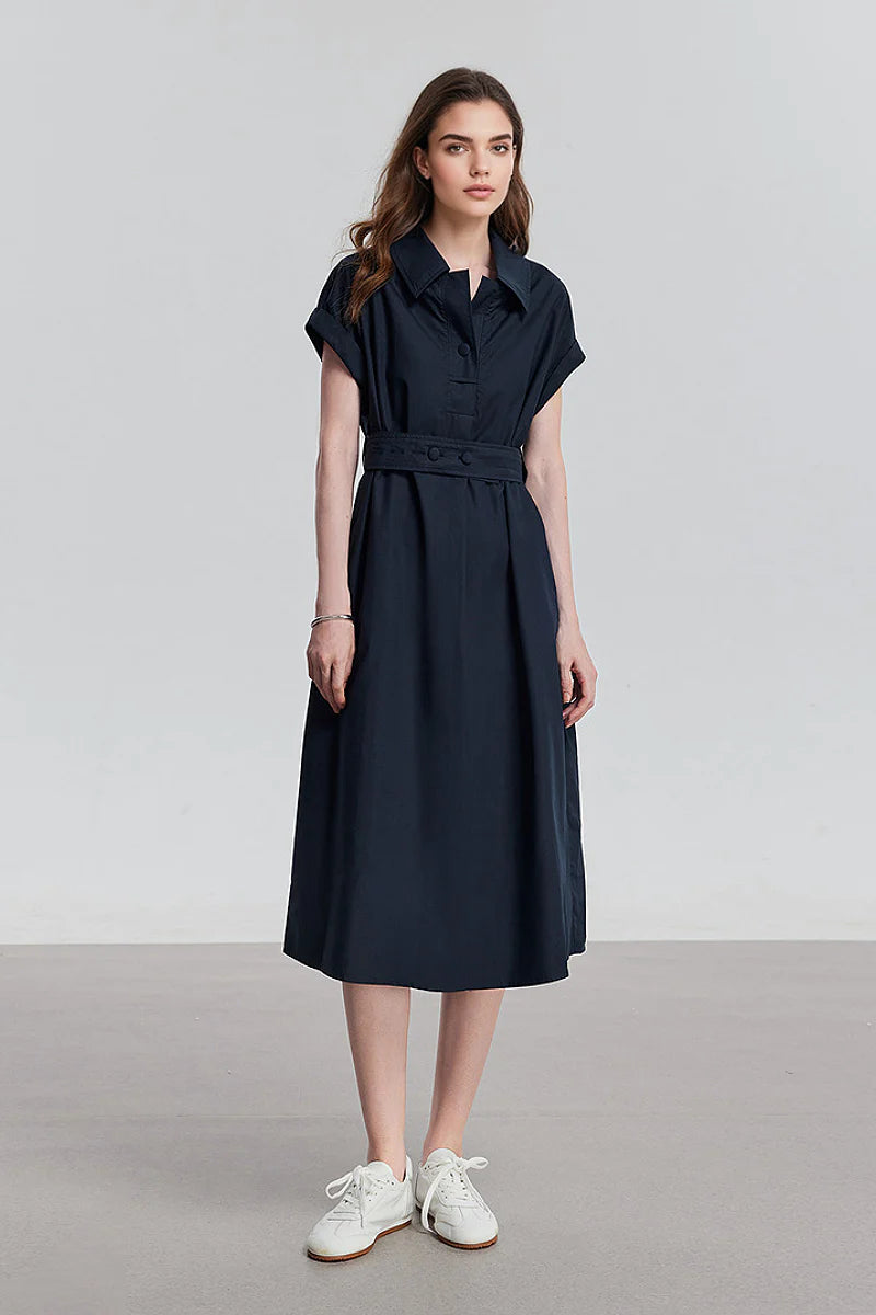 Navy Blue Belted Shirt Dress in Cotton-Lyocell Blend