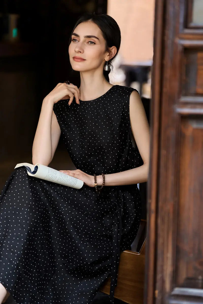 100 Linen Polka Dot Sleeveless Midi Dress with Pockets