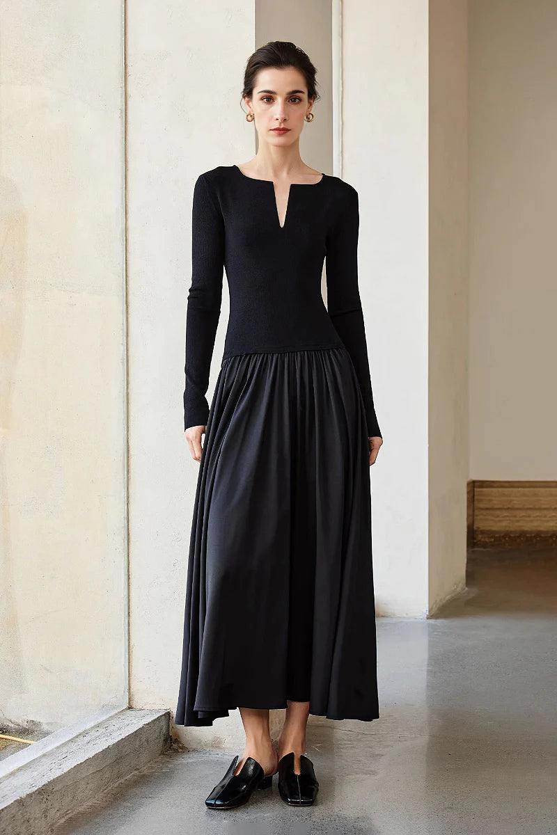 Black Fit & Flare Long-Sleeve V-Neck Maxi Dress
