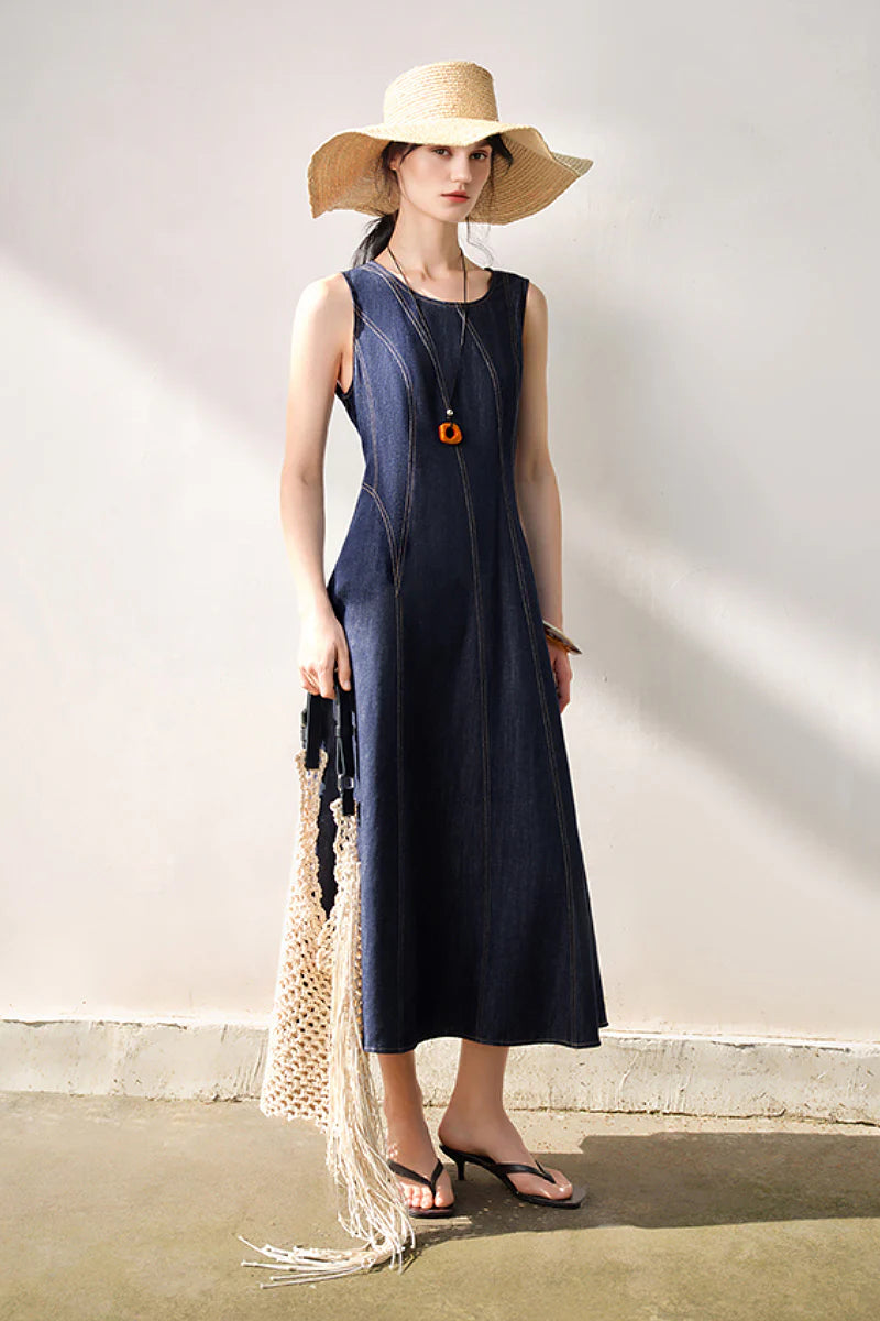 Denim Sleeveless A-Line Midi Dress