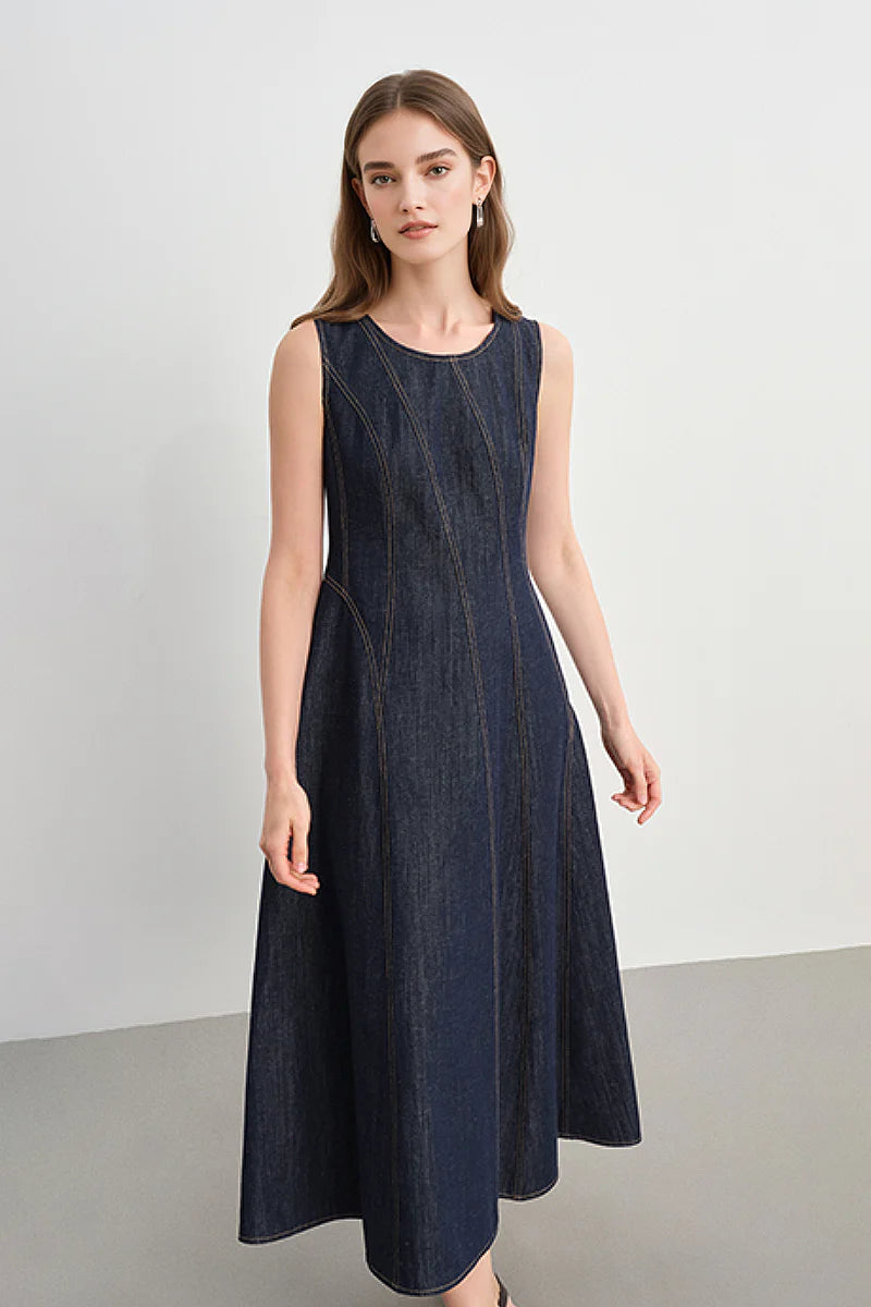 Denim Sleeveless A-Line Midi Dress
