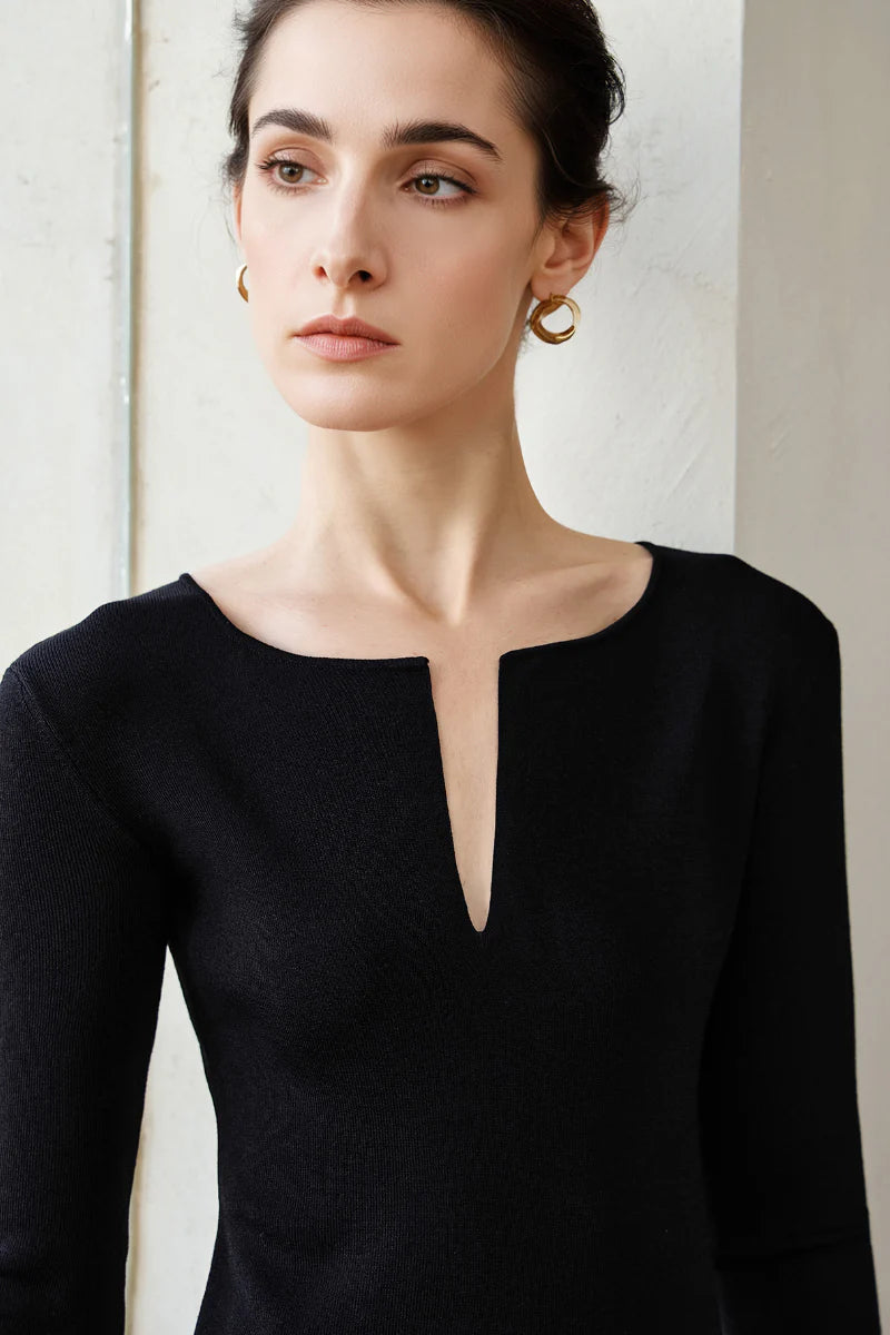 Black Fit & Flare Long-Sleeve V-Neck Maxi Dress