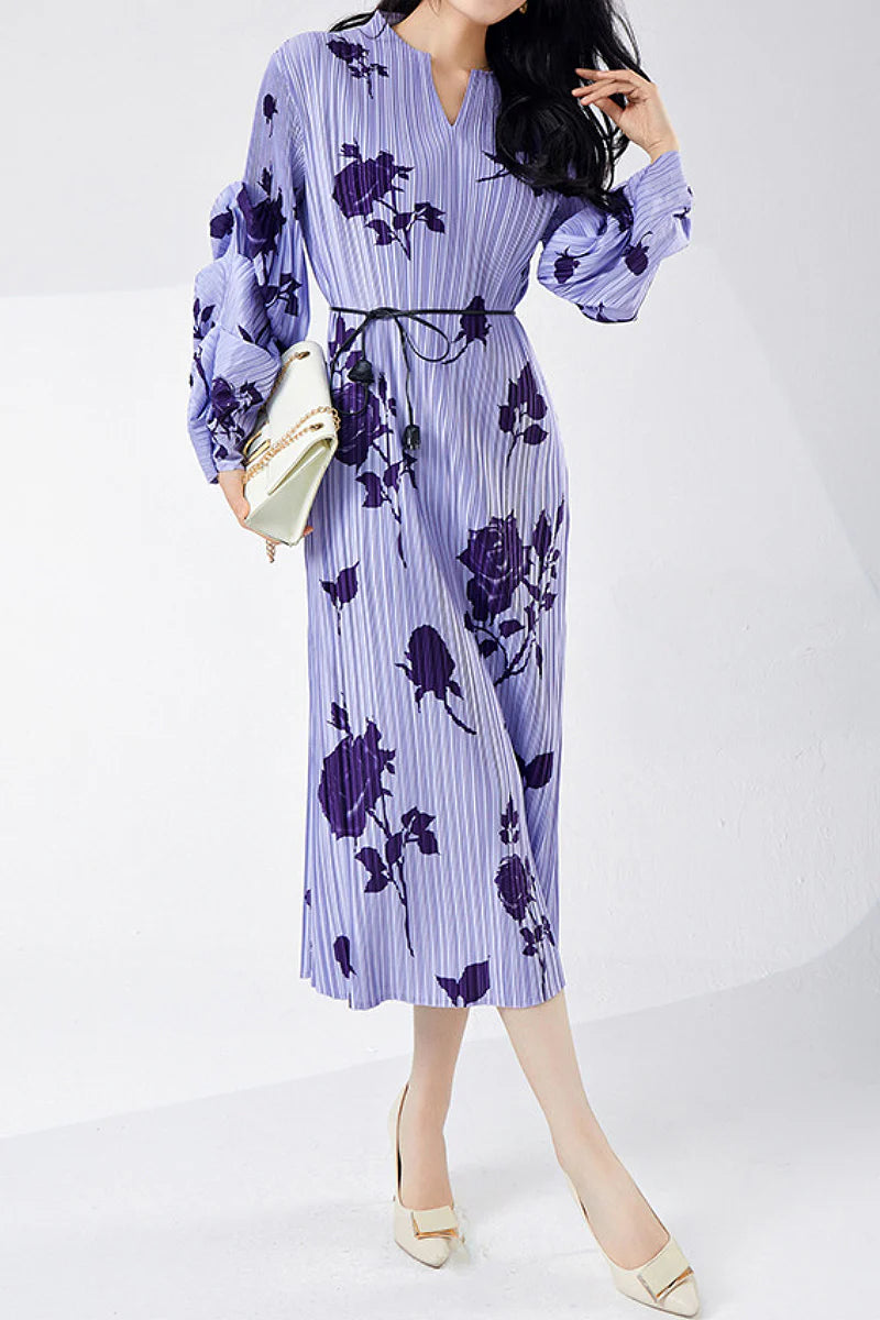 Designer Inspired Pleated Floral Long-Sleeve Midi Dress