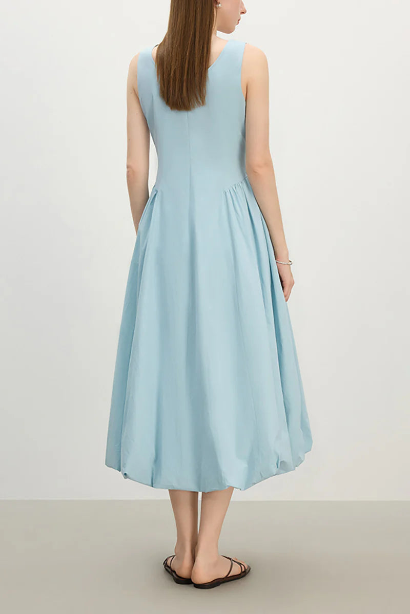 Baby Blue 100 Cotton Sleeveless Scoop-Neck Bubble Midi Dress