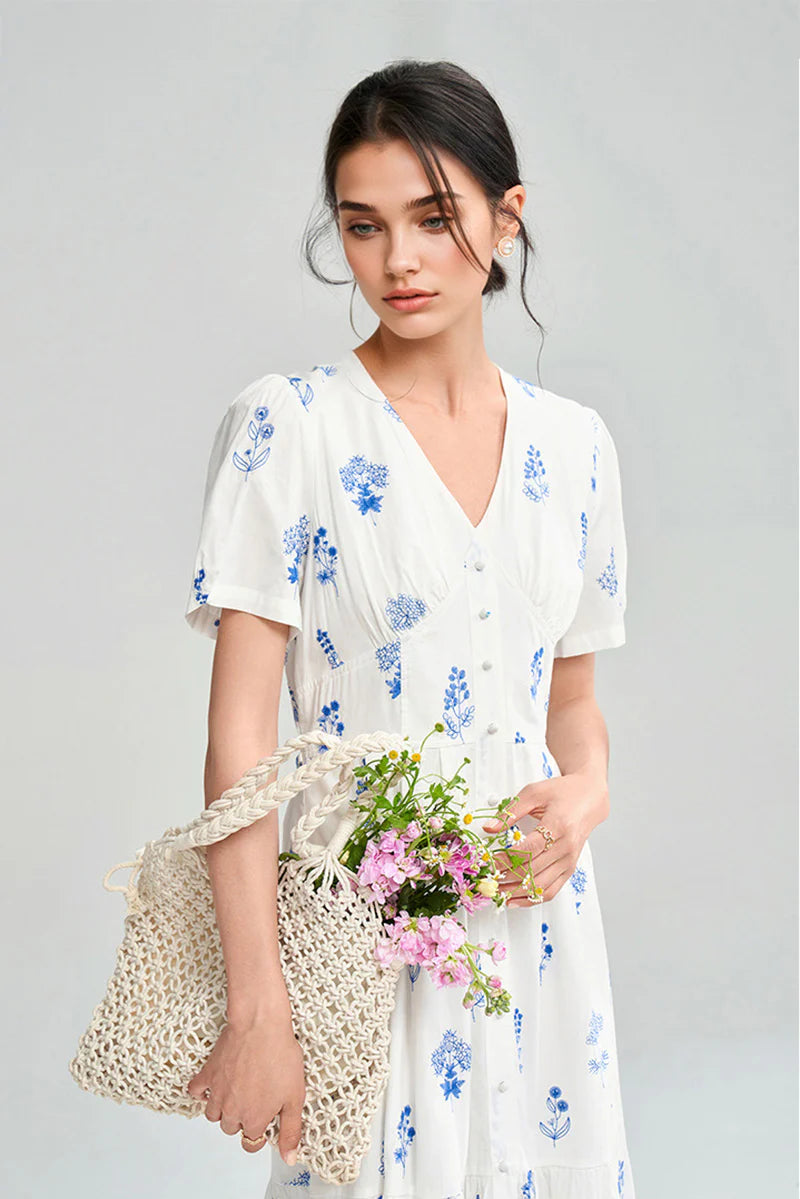 100 Cotton Floral Empire Waist A-Line Midi Sundress
