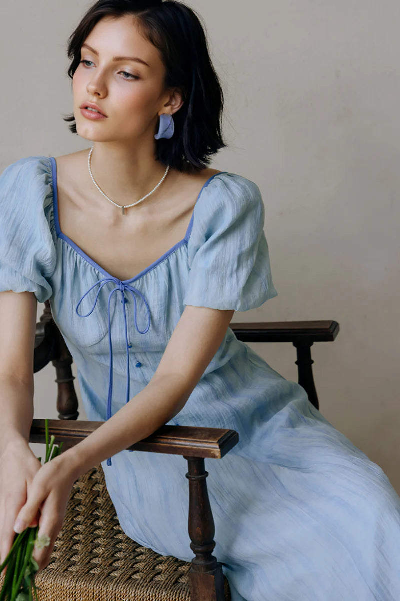 Baby Blue Lyocell V-Neck Puff-Sleeve Midi Dress