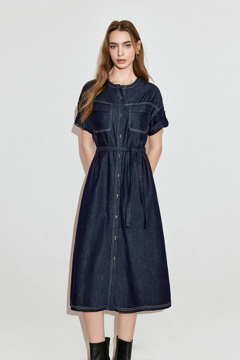 Denim Short-Sleeve Button-Up Belted Midi Shirt Dress with Back Slit