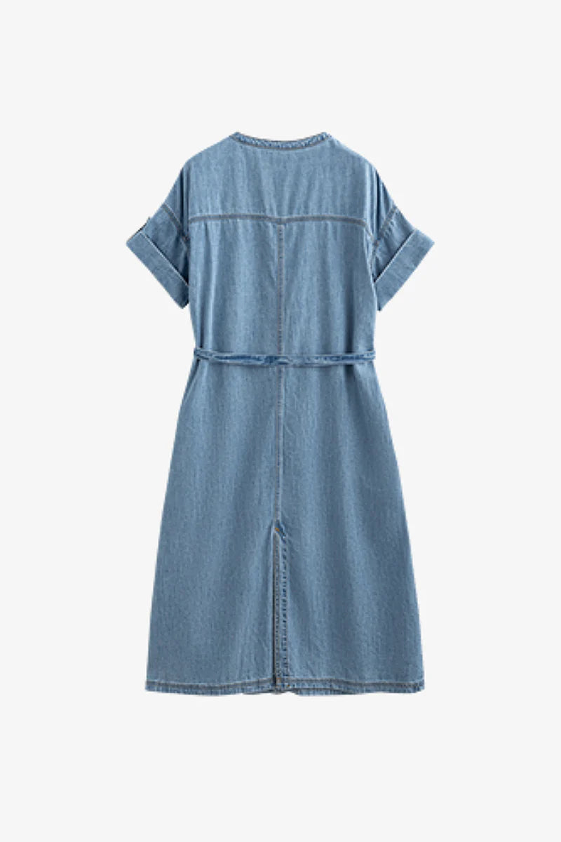 Denim Short-Sleeve Button-Up Belted Midi Shirt Dress with Back Slit