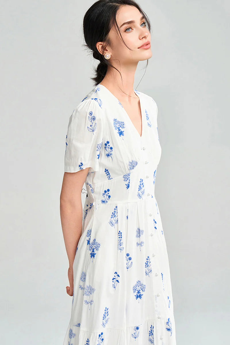 100 Cotton Floral Empire Waist A-Line Midi Sundress
