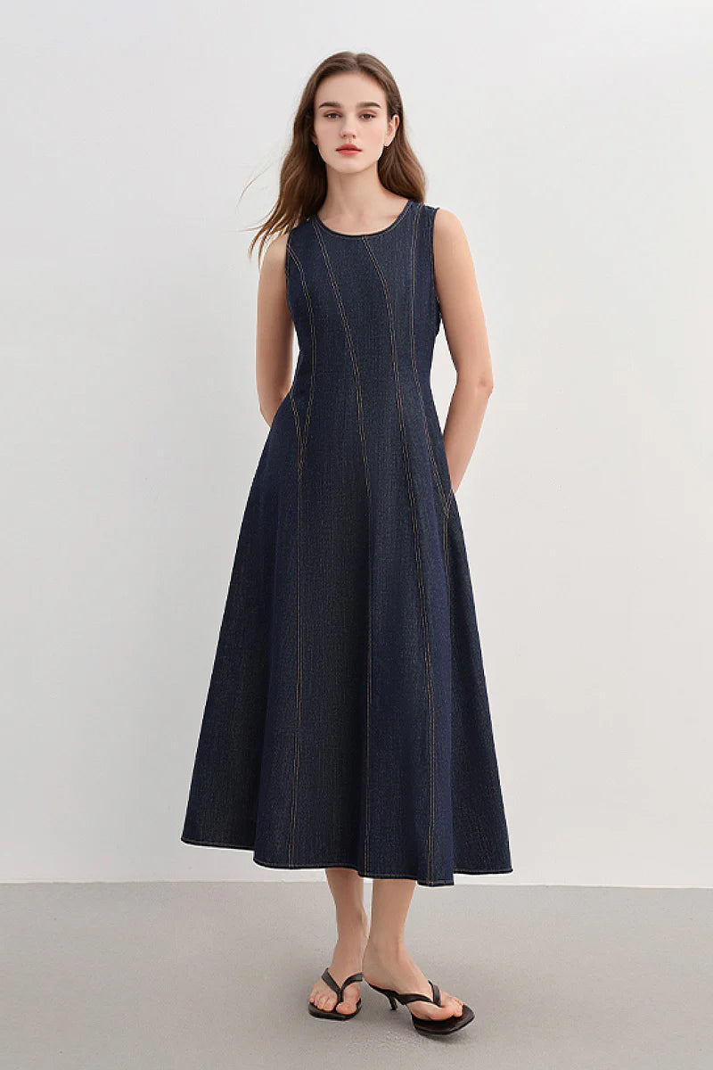 Denim Sleeveless A-Line Midi Dress