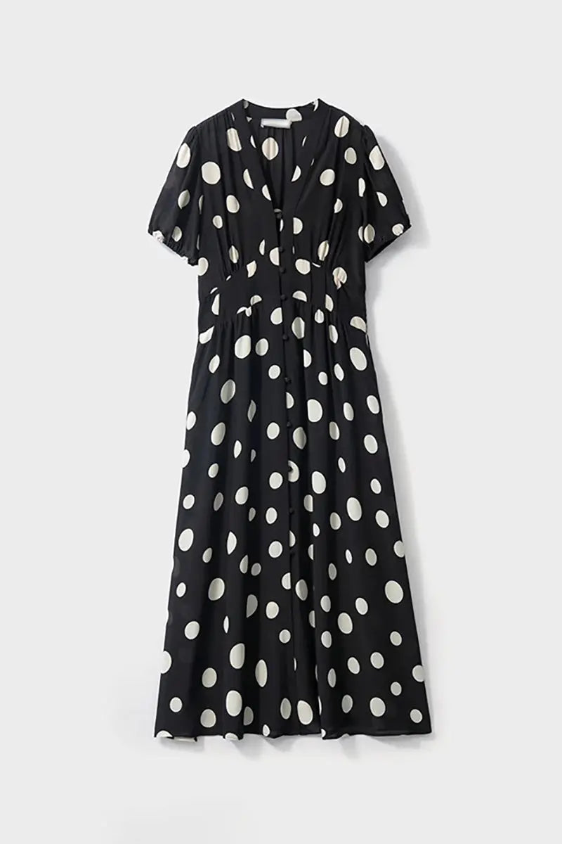 Women's Short Sleeve Polka Dot Silk Dress