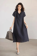 Linen-Blend Jacquard A-Line Shirt Dress in Navy Blue