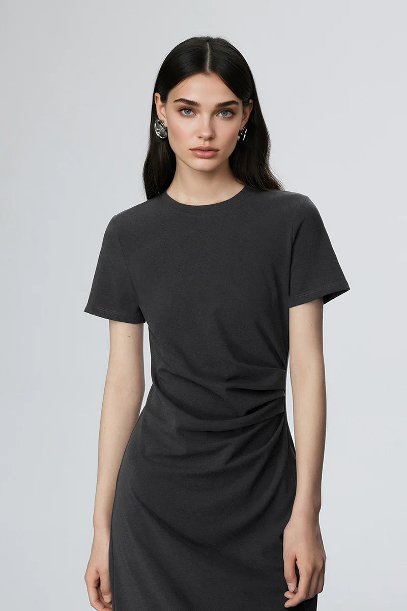 Sage Green Ruched-Waist T-Shirt Midi Dress