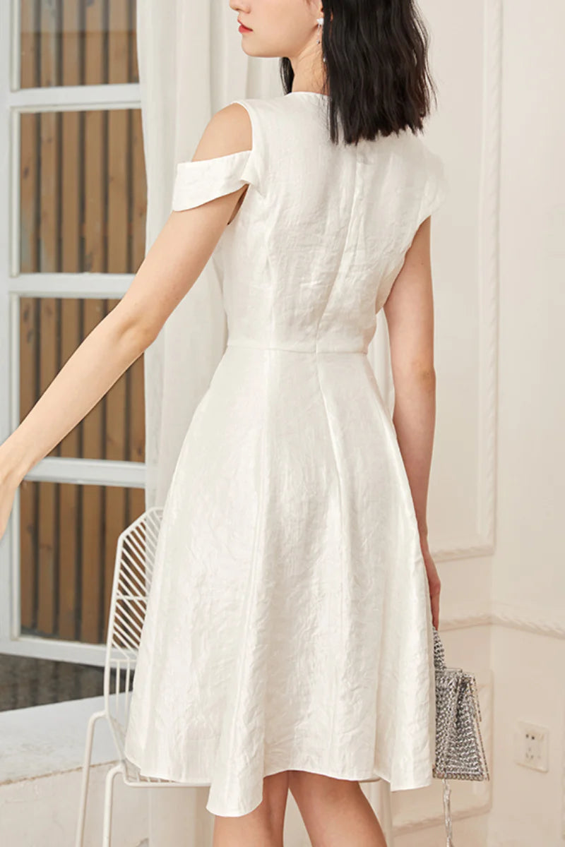 White Asymmetrical Sleeve Midi Graduation Dress