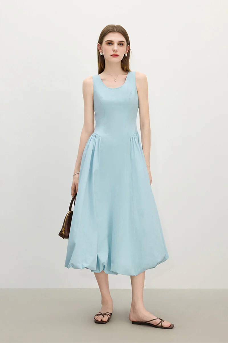 Baby Blue 100 Cotton Sleeveless Scoop-Neck Bubble Midi Dress