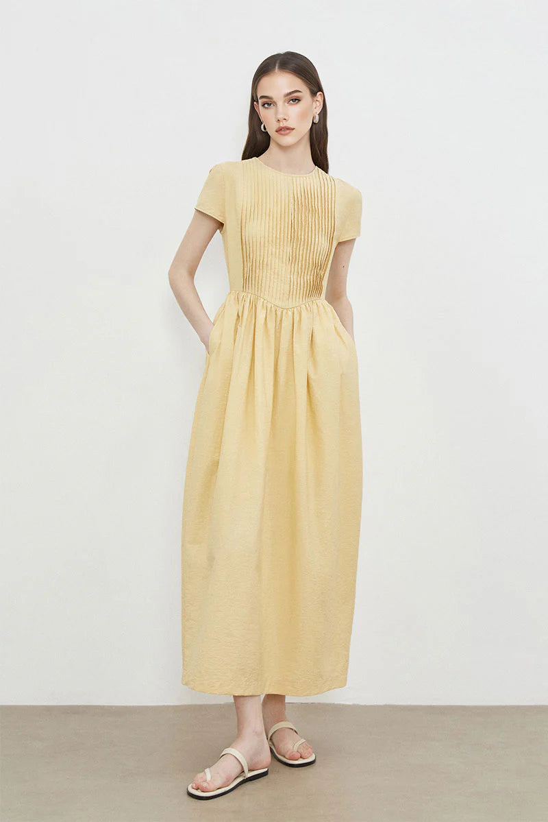 Yellow Long-Staple Cotton Midi Dress with Front Pleat