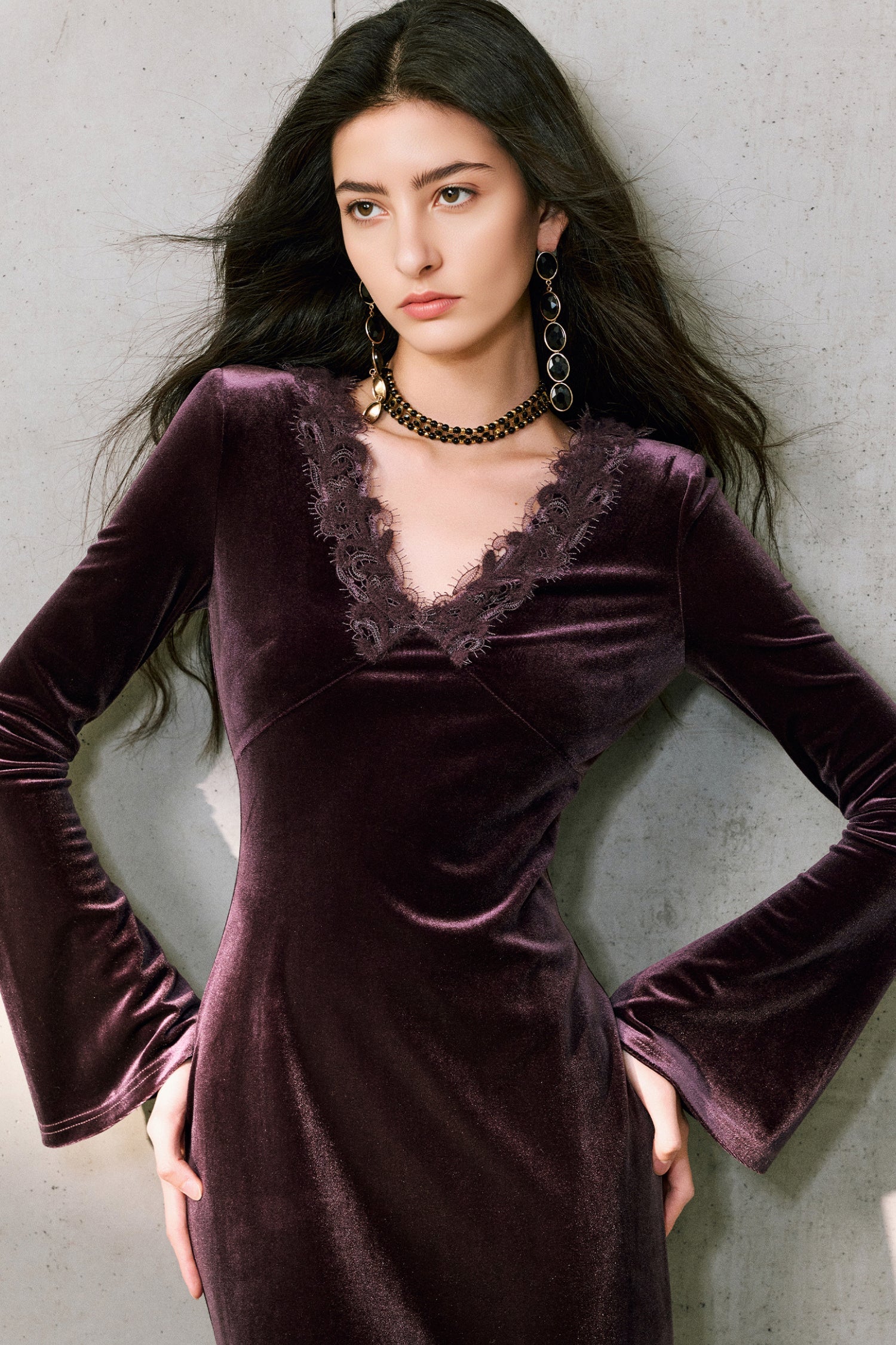 Purple Velvet Long Sleeve Lace V-Neck Maxi Dress
