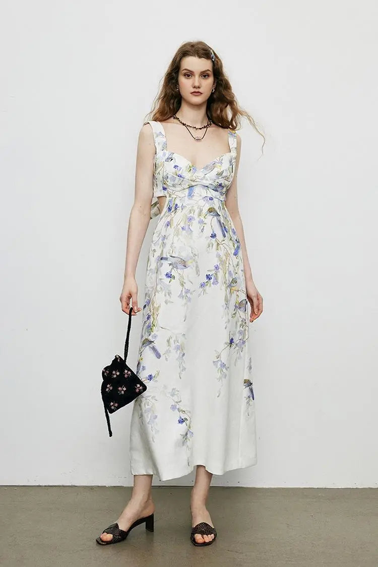 Backless Floral Linen Dress