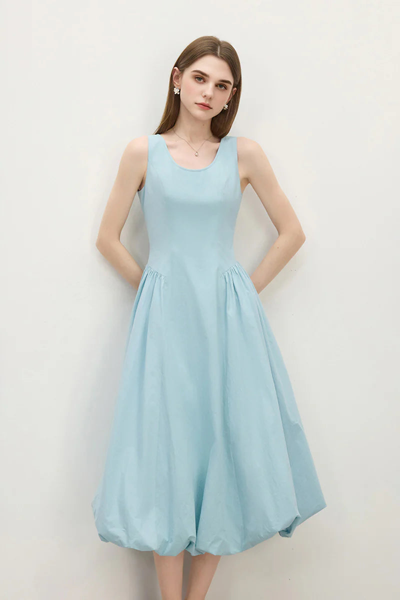 Baby Blue 100 Cotton Sleeveless Scoop-Neck Bubble Midi Dress