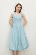 Baby Blue 100 Cotton Sleeveless Scoop-Neck Bubble Midi Dress